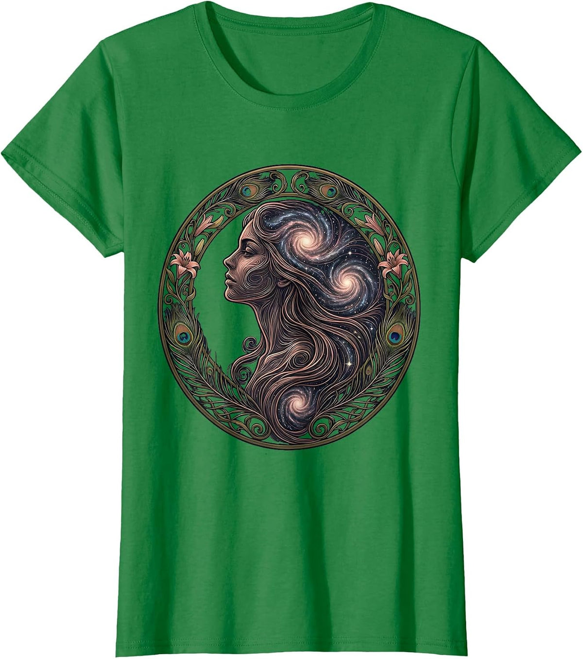 Women's Cosmic Soul Woman Profile Galaxy Art T-Shirt - Kelly Green