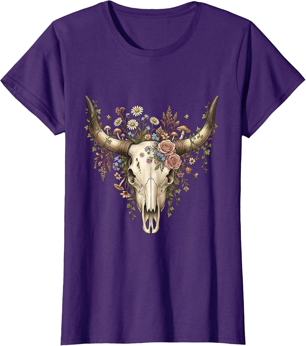 Women's Longhorn Skull Floral Crown Western Boho Design T-Shirt - Purple
