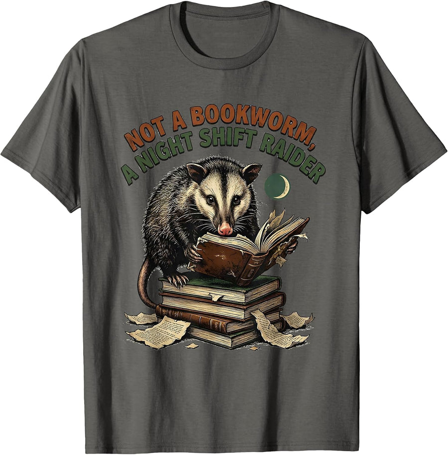 Not A Bookworm A Night Shift Raider Vintage Funny Opossum T-Shirt - Asphalt Grey