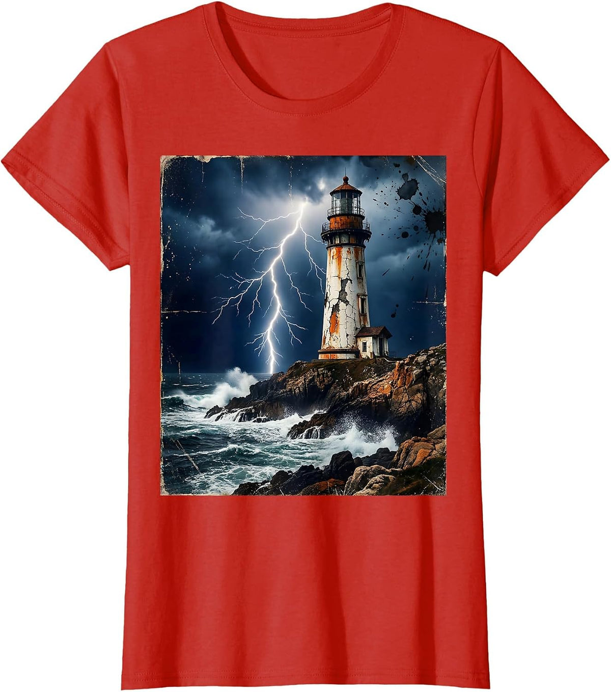 Women's Gulf of America Lighthouse Lightning Storm Art T-Shirt - Red