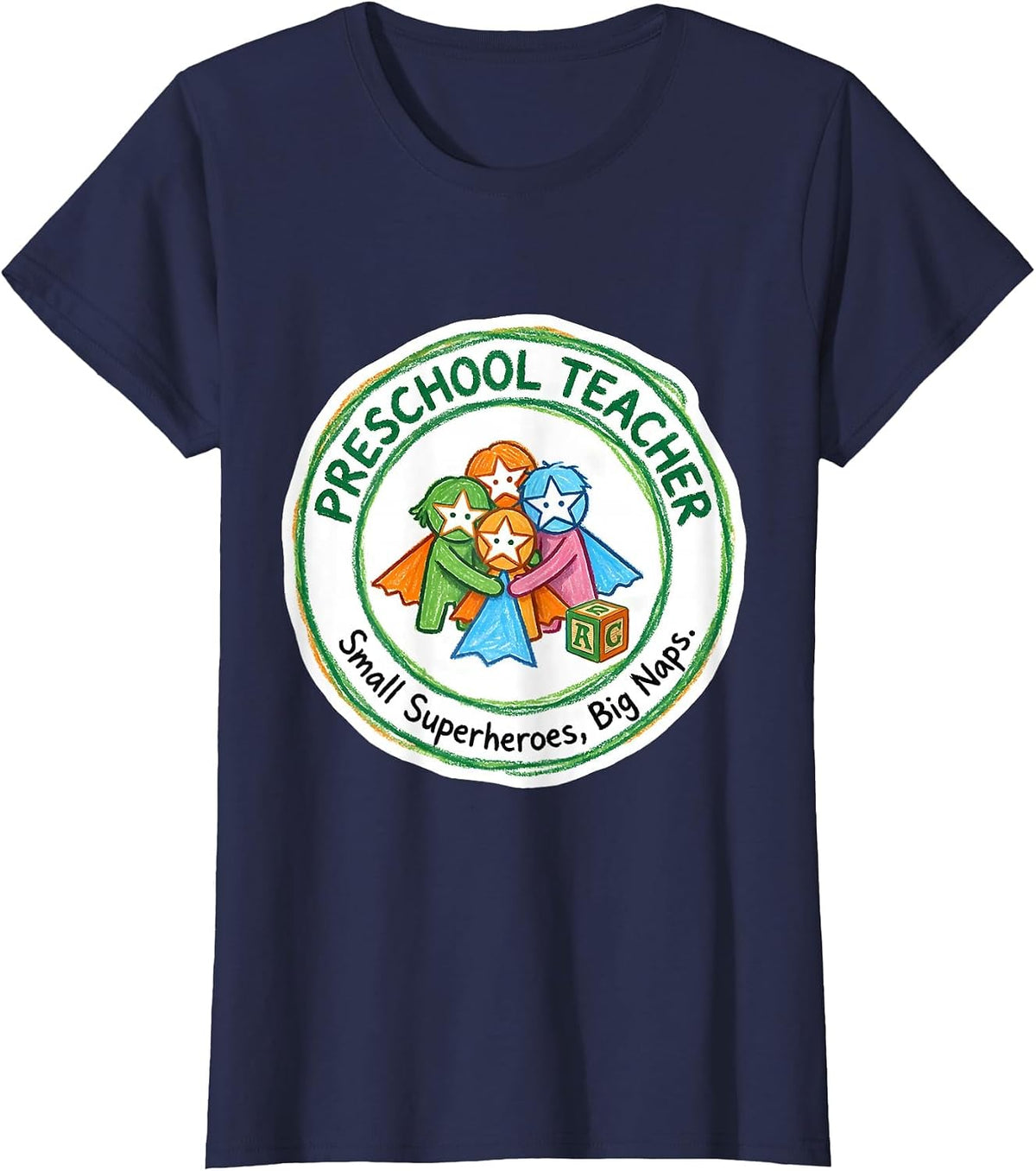 Women's Preschool Teacher Small Superheroes Big Naps Funny T-Shirt - Navy Blue