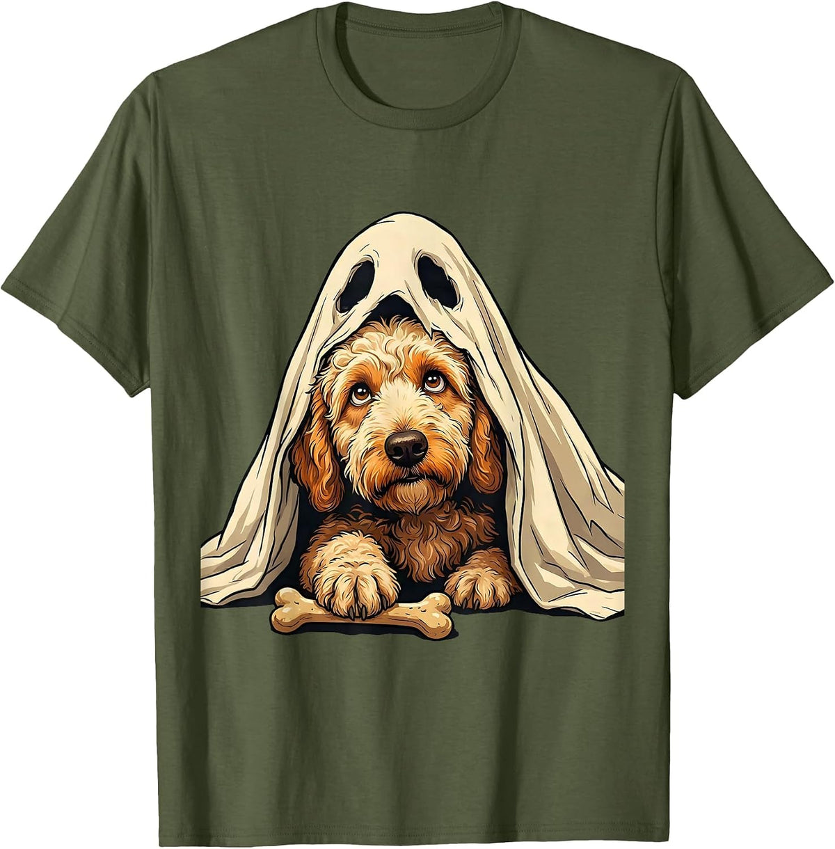 Men's Curly Goldendoodle Ghost Bone Stealing Halloween Humor T-Shirt - Olive Green