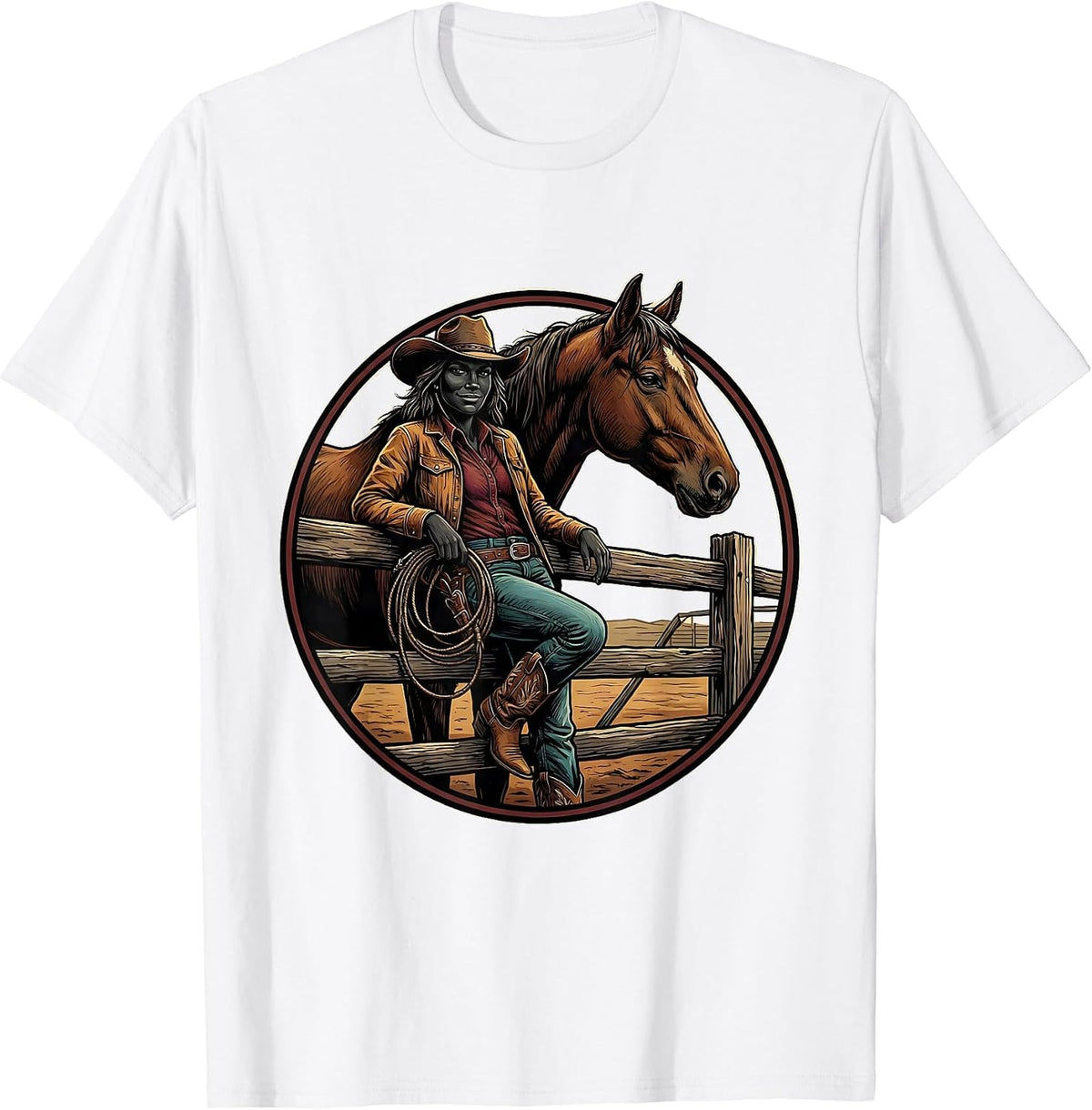 Men's Black Cowgirl Rodeo Badge Western Pride Illustration T-Shirt - White