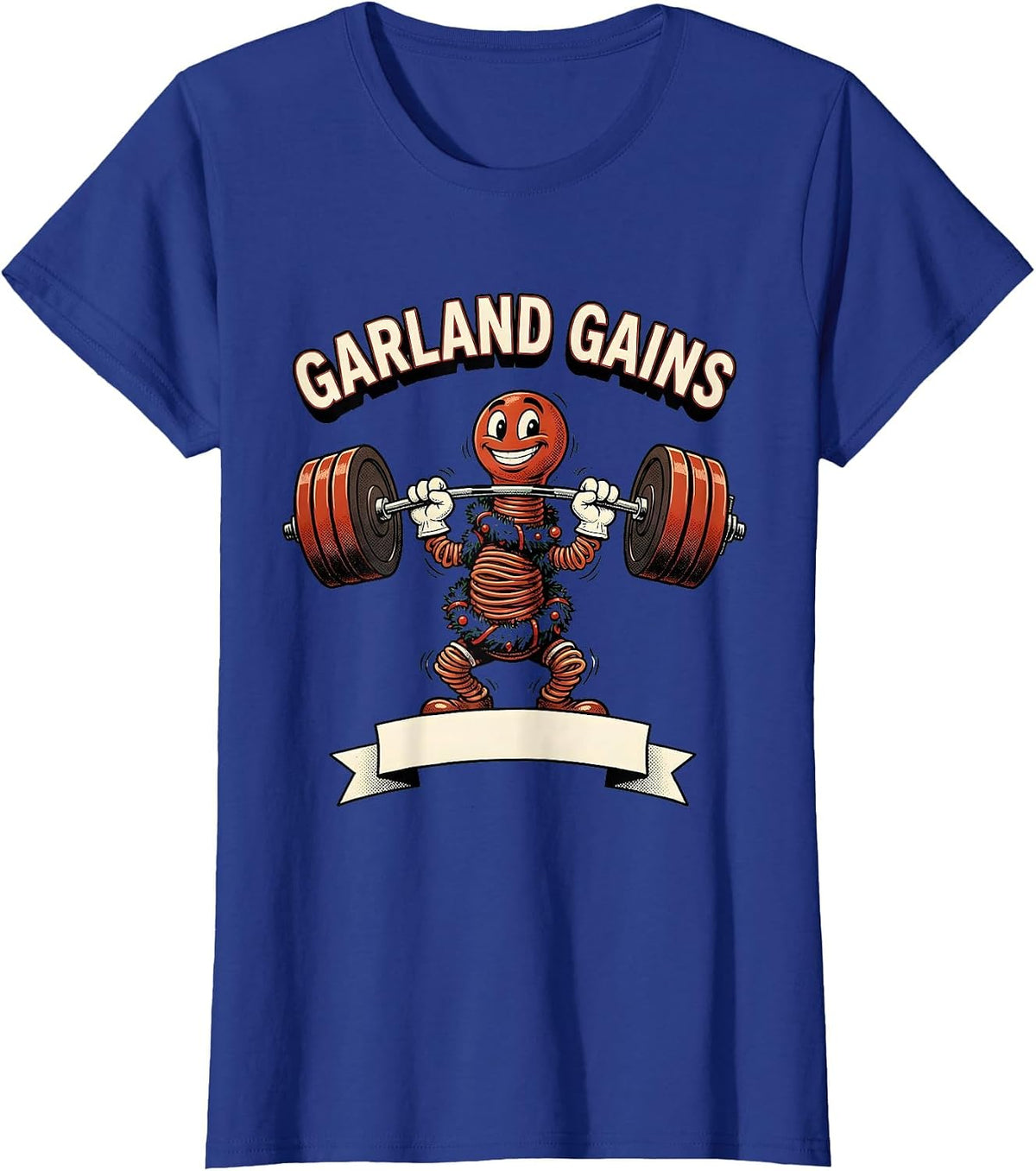Women's Garland Gains Retro Cartoon Funny Christmas Gym Fitness T-Shirt - Royal Blue
