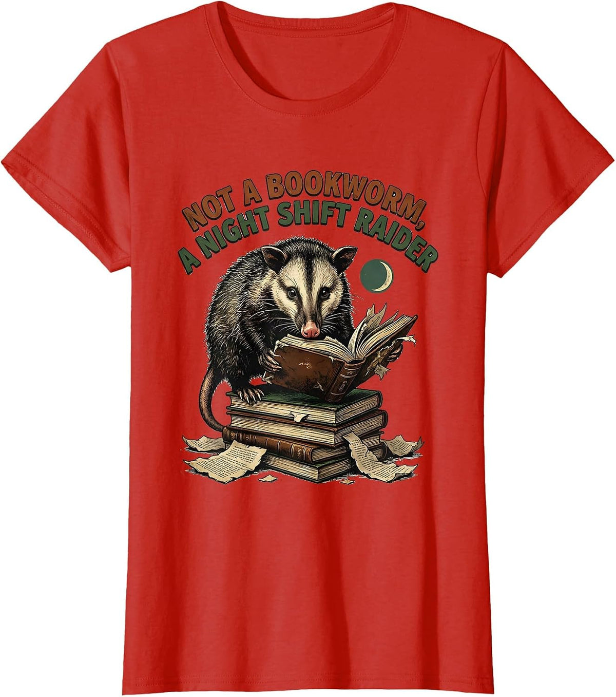 Not A Bookworm A Night Shift Raider Vintage Funny Opossum T-Shirt - Red