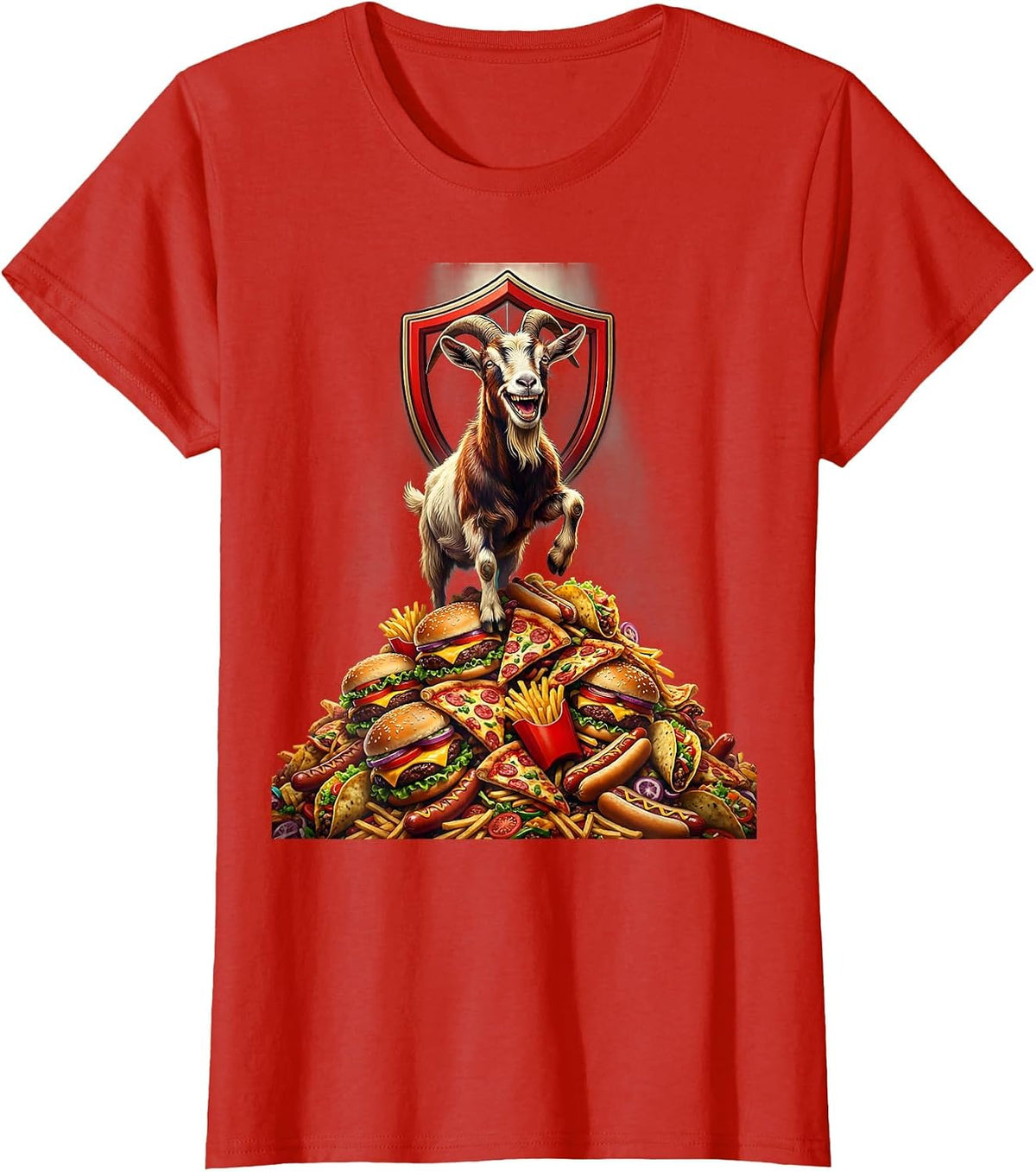 Women's Goat on Fast Food Mountain Funny Humor Graphic T-Shirt - Red