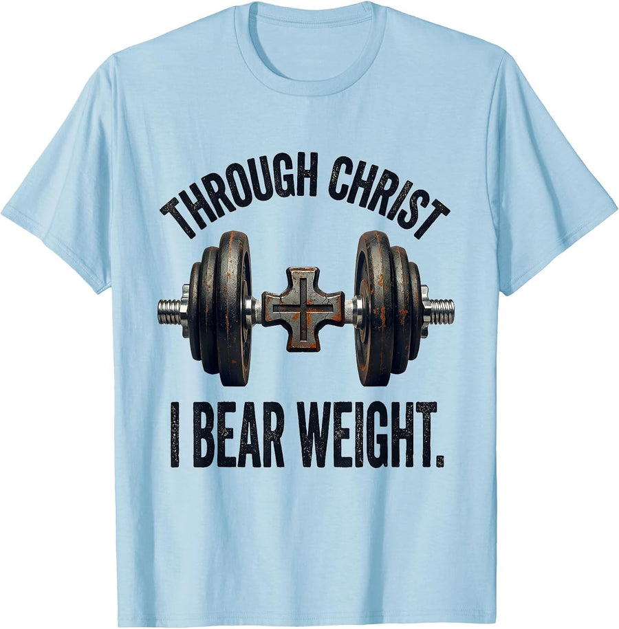 Men's Through Christ I Bear Weight Distressed Christian Gym T-Shirt - Baby Blue