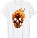 Flaming Skull Fire Graphic Design T-Shirt - White