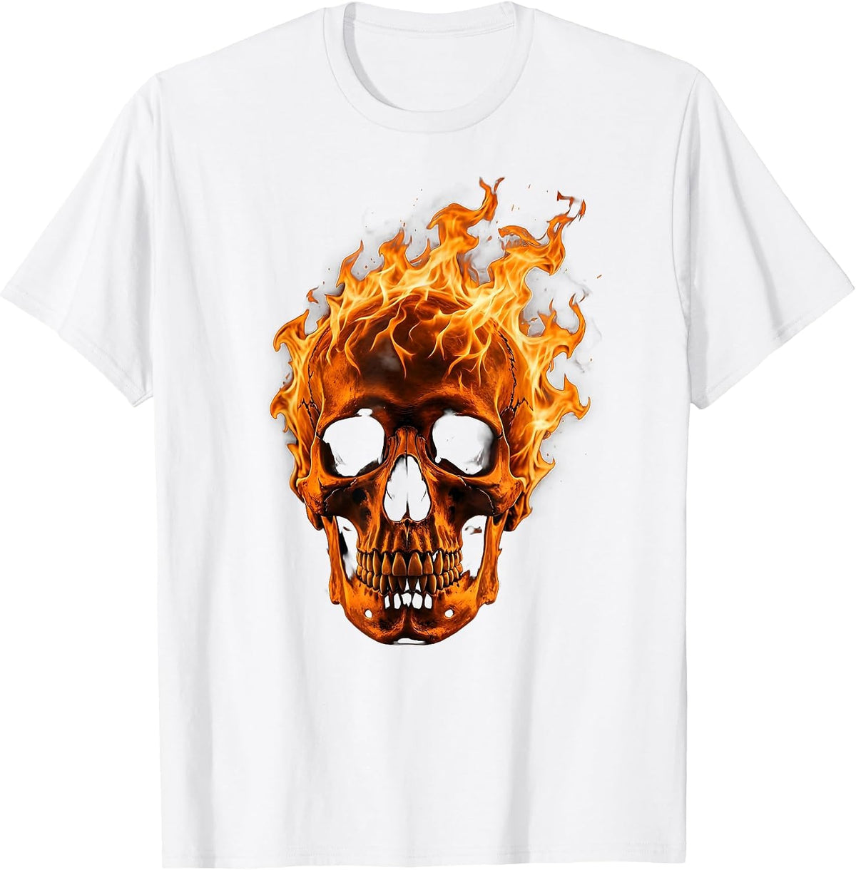 Flaming Skull Fire Graphic Design T-Shirt - White