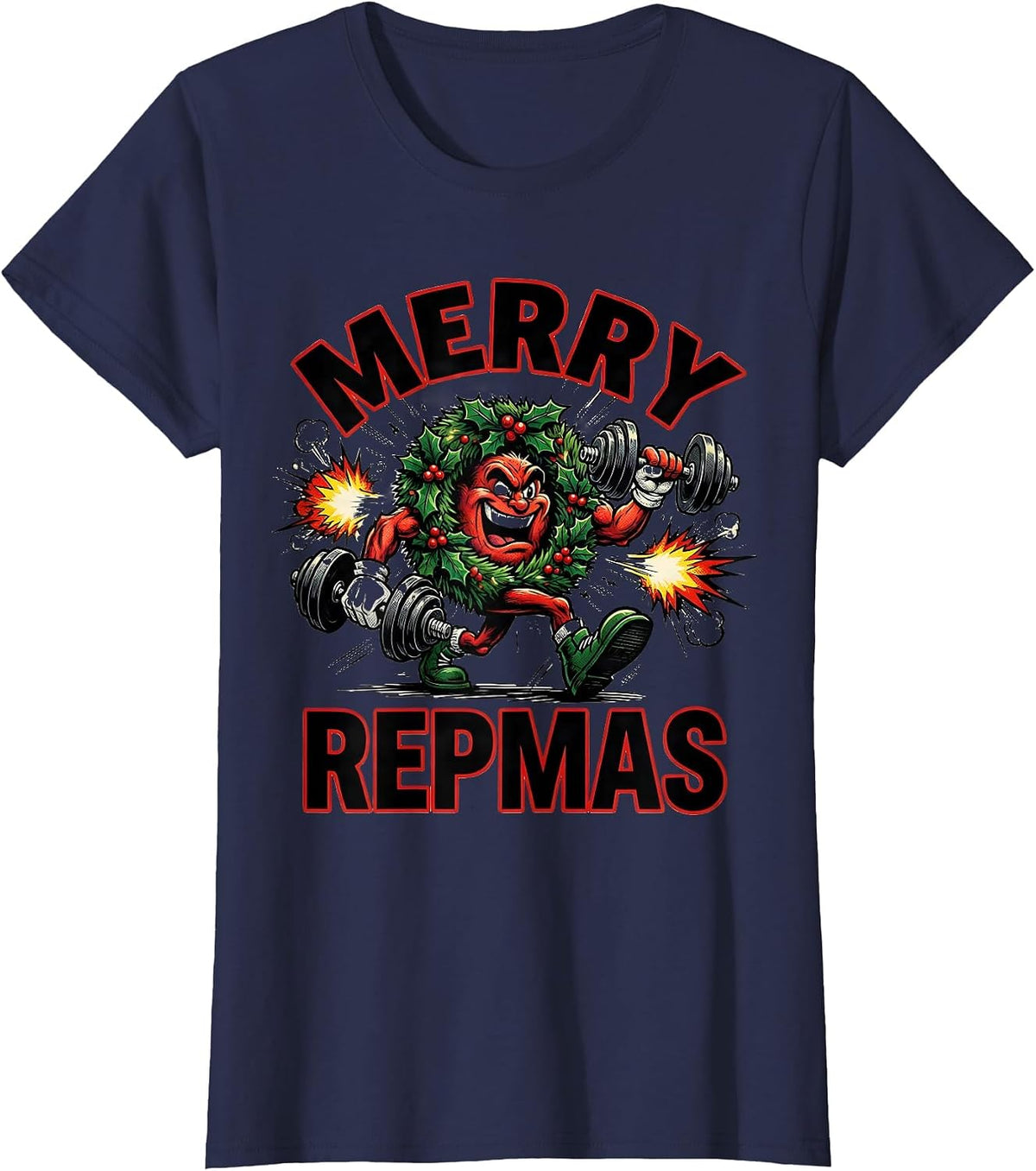 Women's Merry Repmas Comic Book Gym Workout Christmas Humor T-Shirt - Navy Blue
