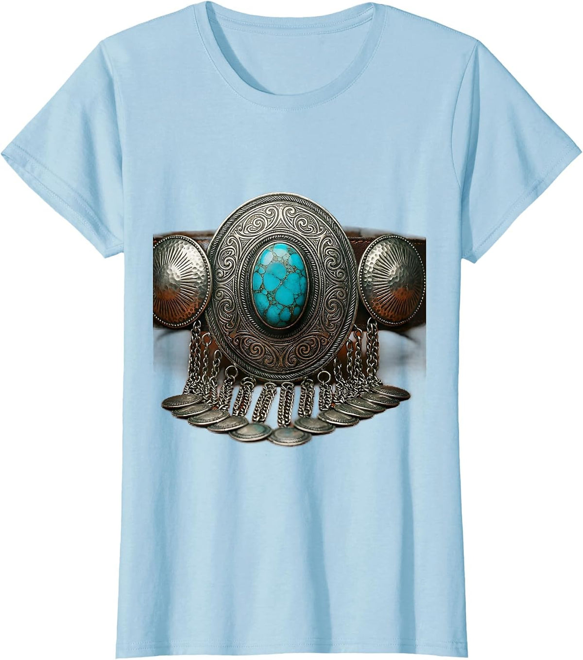 Women's Turquoise Silver Concho Belt Buckle Western Art T-Shirt - Baby Blue