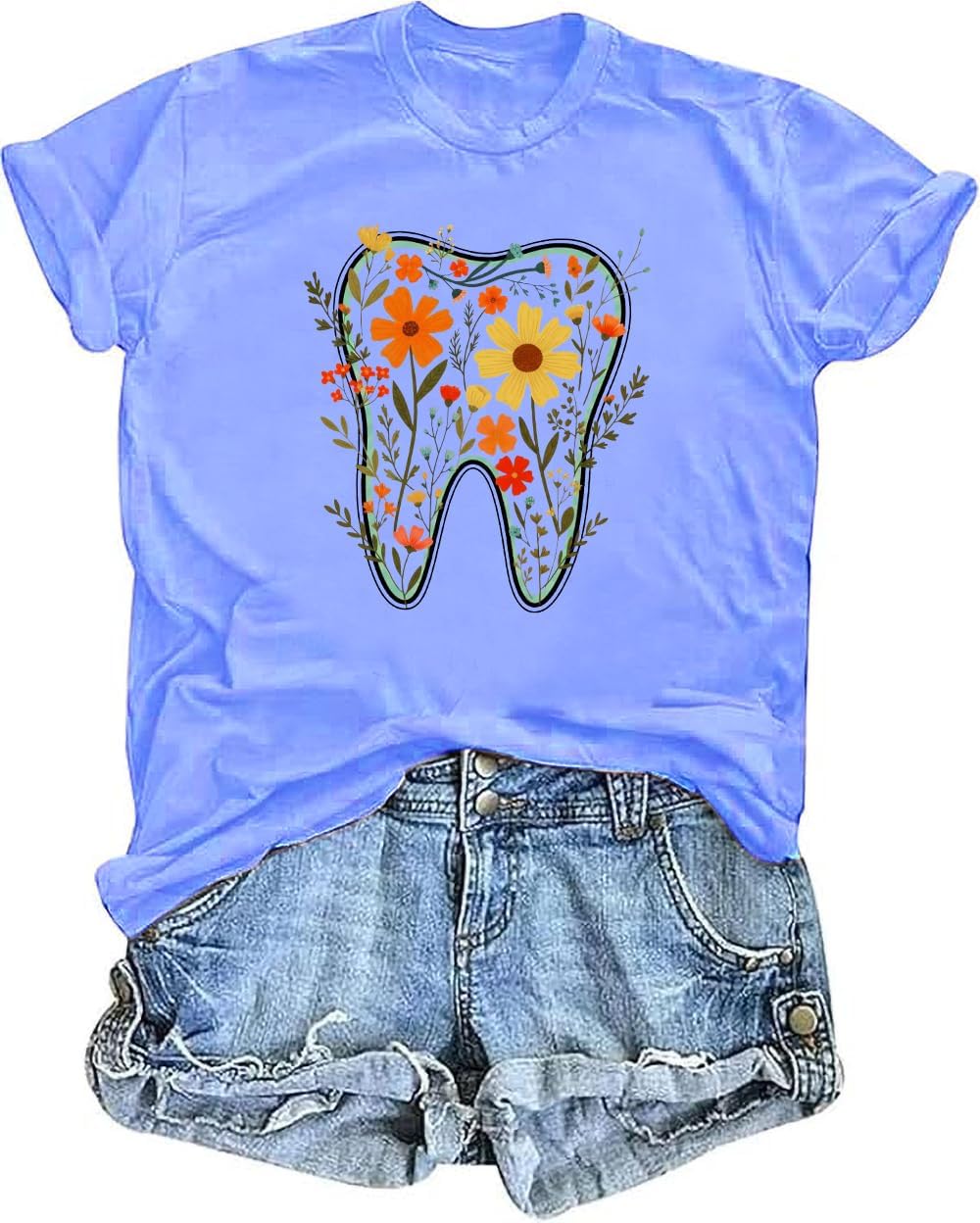 Floral Tooth Shirt V Neck Dental Assistant Shirt Dental Shirts for Women Funny Floral Graphic Tees Tops - Crewneck Carolina