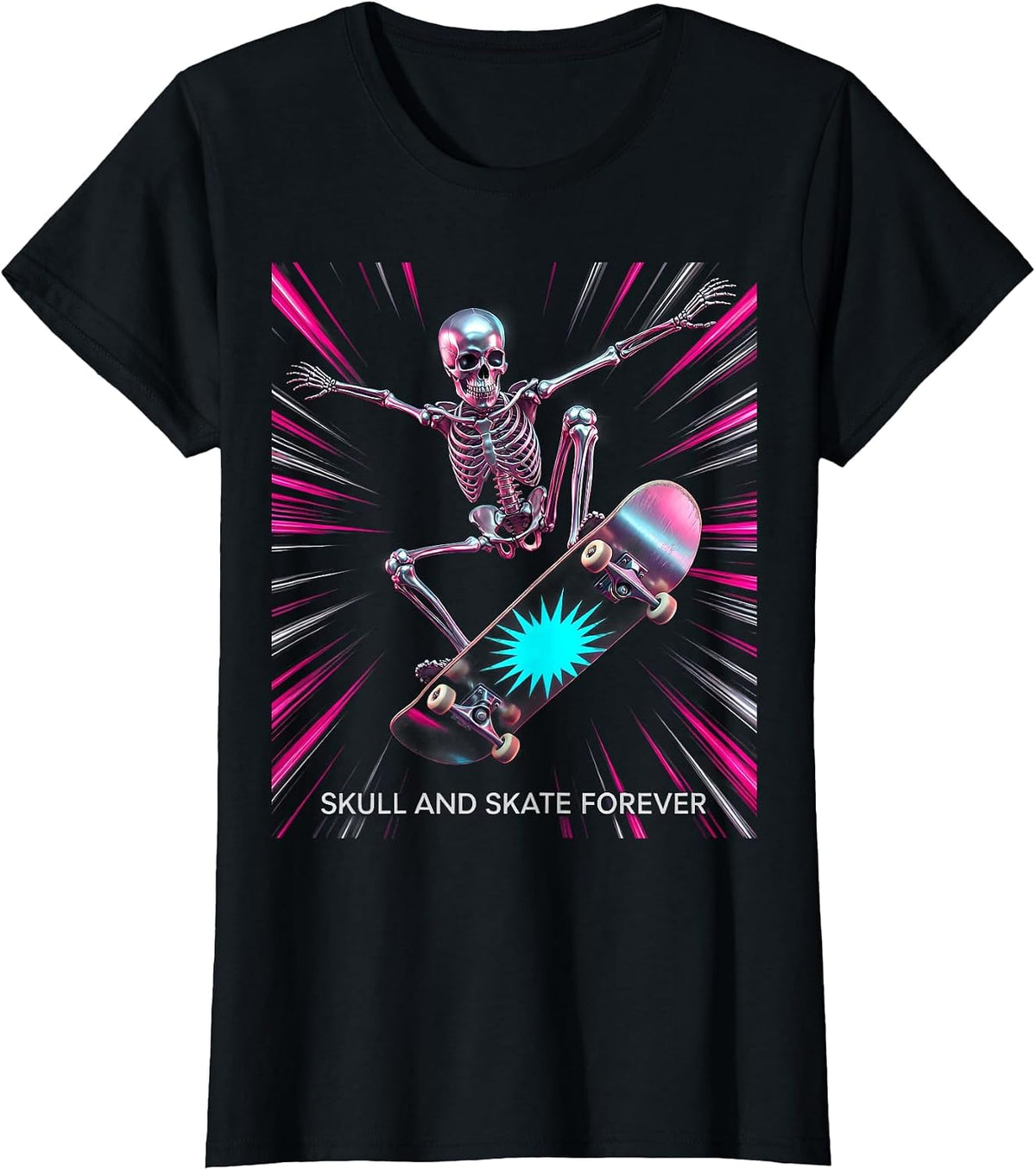 Women's Skull and Skate Forever Skeleton Skateboarding Design T-Shirt - Black