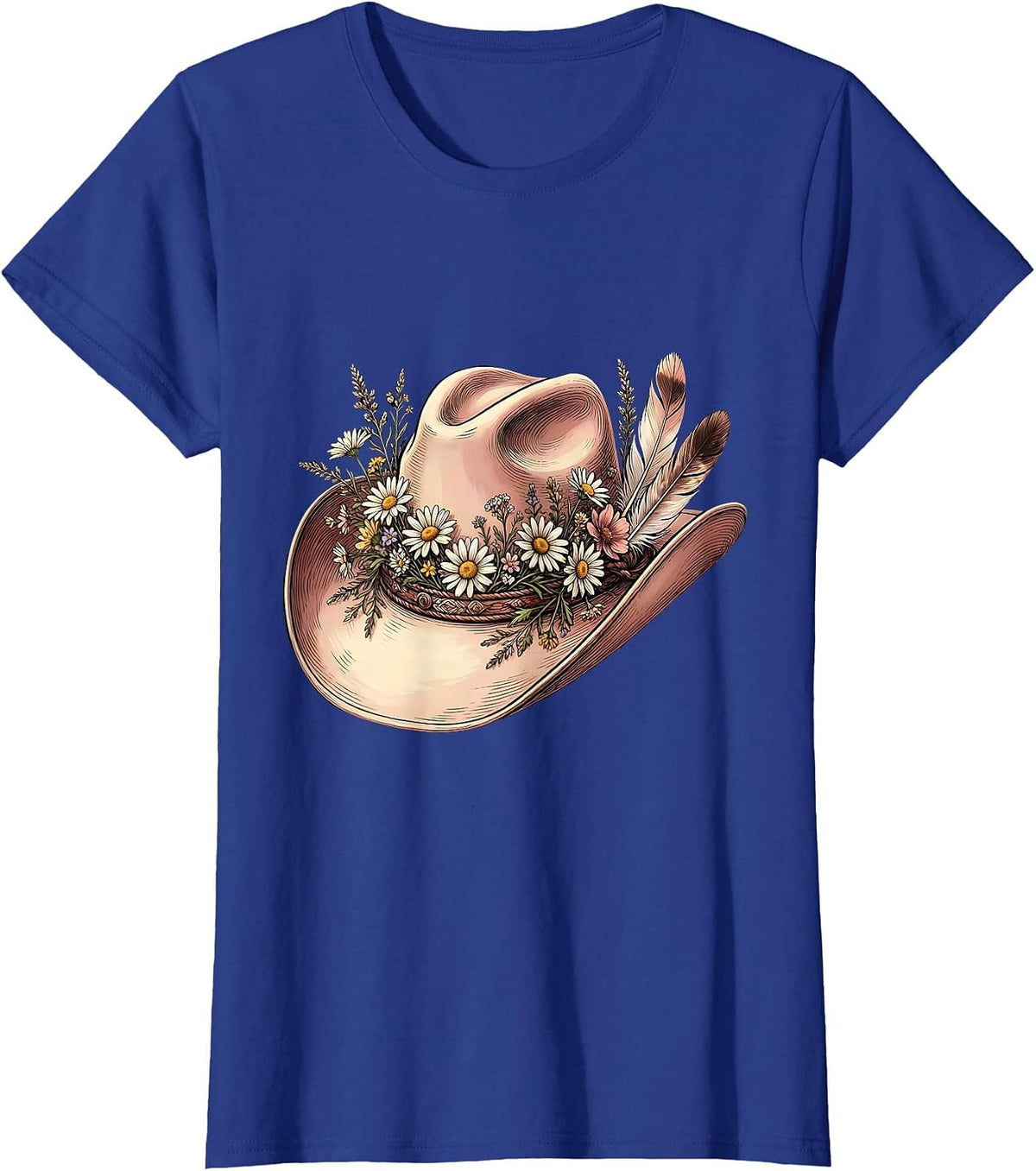 Women's Wildflower Cowgirl Hat Western Graphic Design T-Shirt - Royal Blue