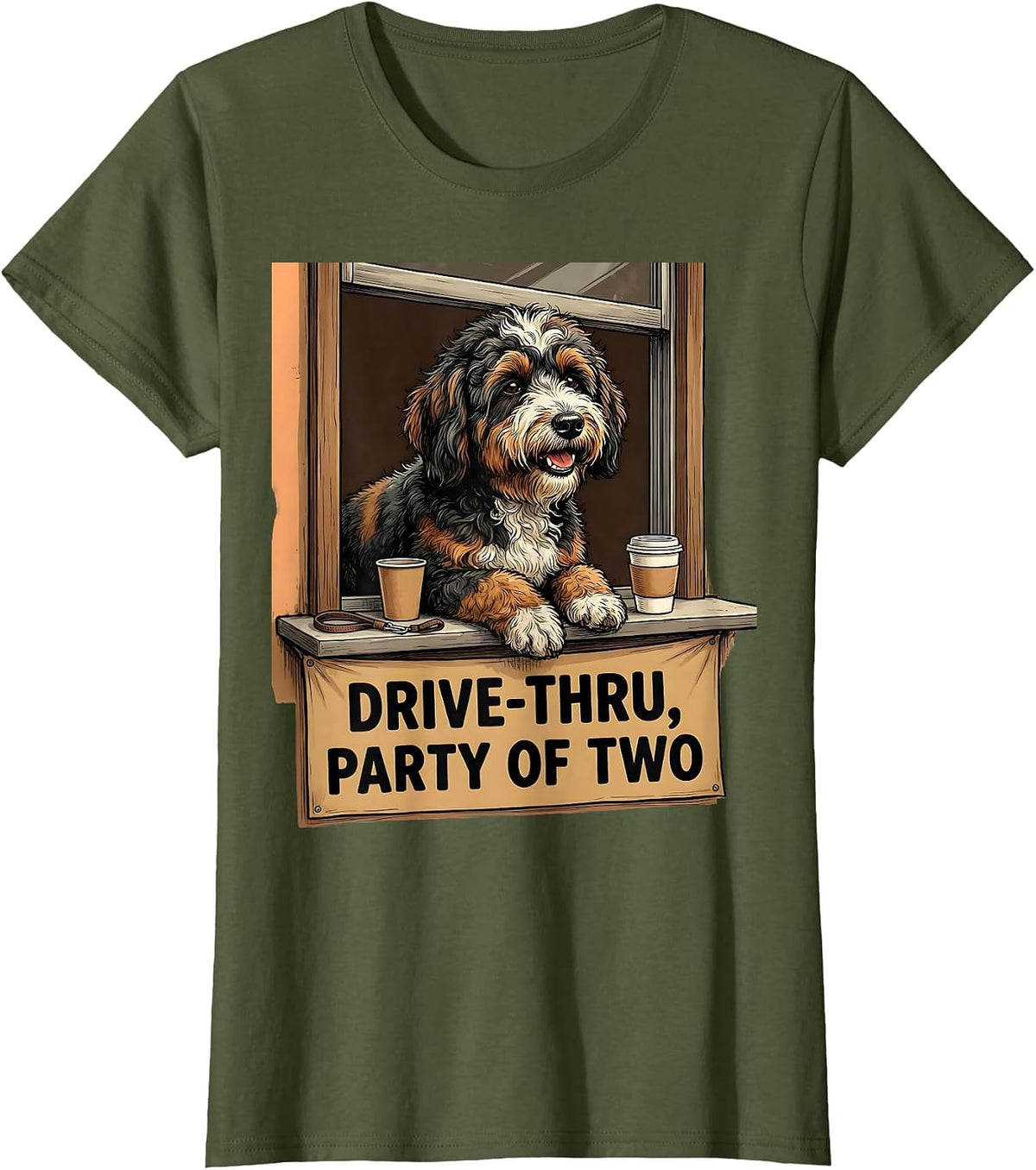 Women's Drive-Thru Party Of Two Funny Bernedoodle Coffee Lover T-Shirt - Olive Green