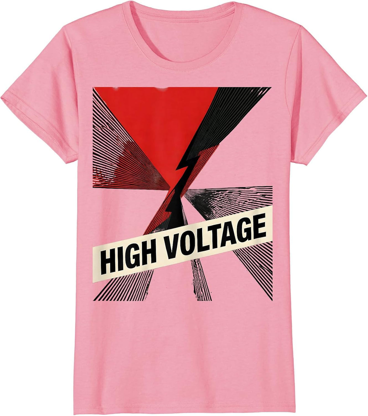 Women's HIGH VOLTAGE Bold Lightning Bolt Graphic Minimalist Icon T-Shirt - Pink