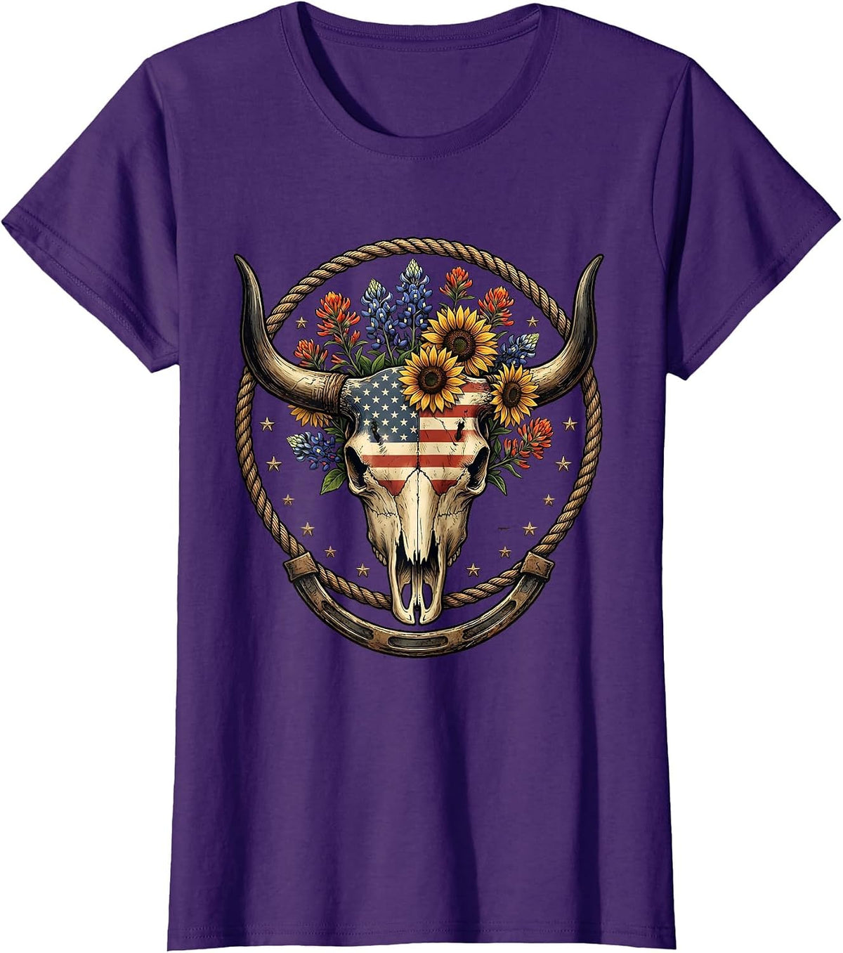 Women's Bull Skull Wildflowers Western Boho Floral Illustration T-Shirt - Purple