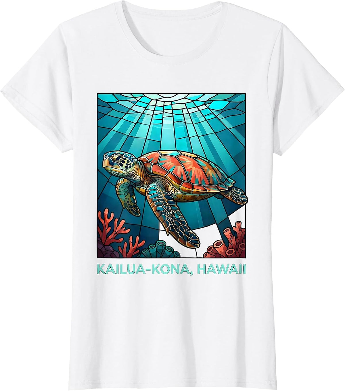 Women's Kailua-Kona, Hawaii Stained Glass Mosaic Sea Turtle Souvenir T-Shirt - White