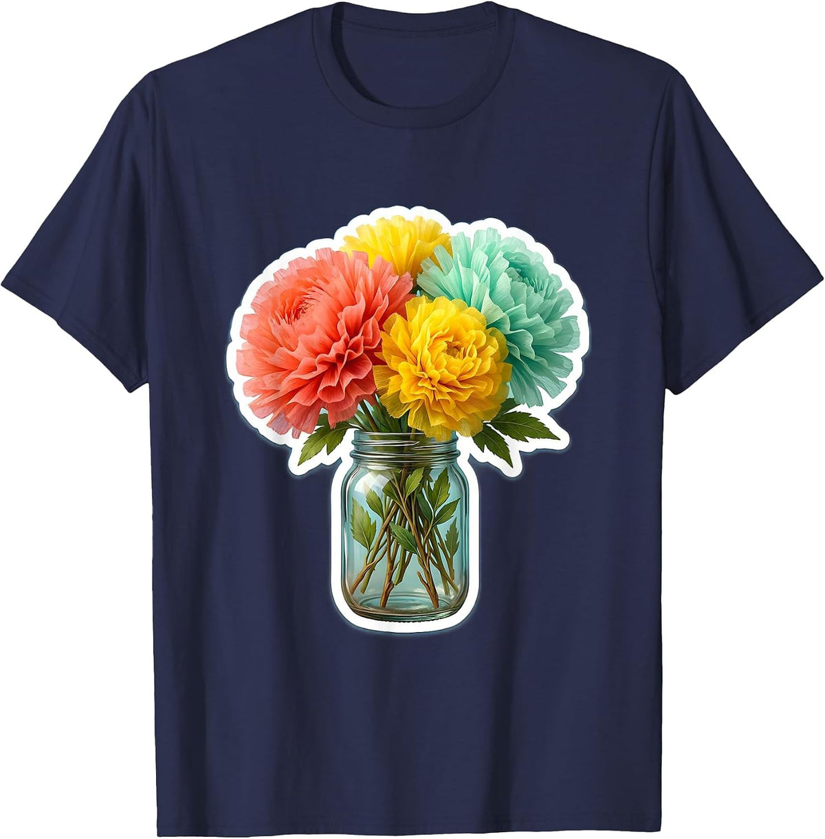 Men's Preschool Teacher Tissue Paper Flower Mason Jar T-Shirt - Navy Blue