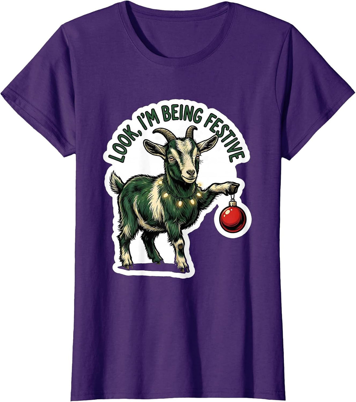 Women's Look, I'm Being Festive Grumpy Goat Christmas Humor T-Shirt - Purple