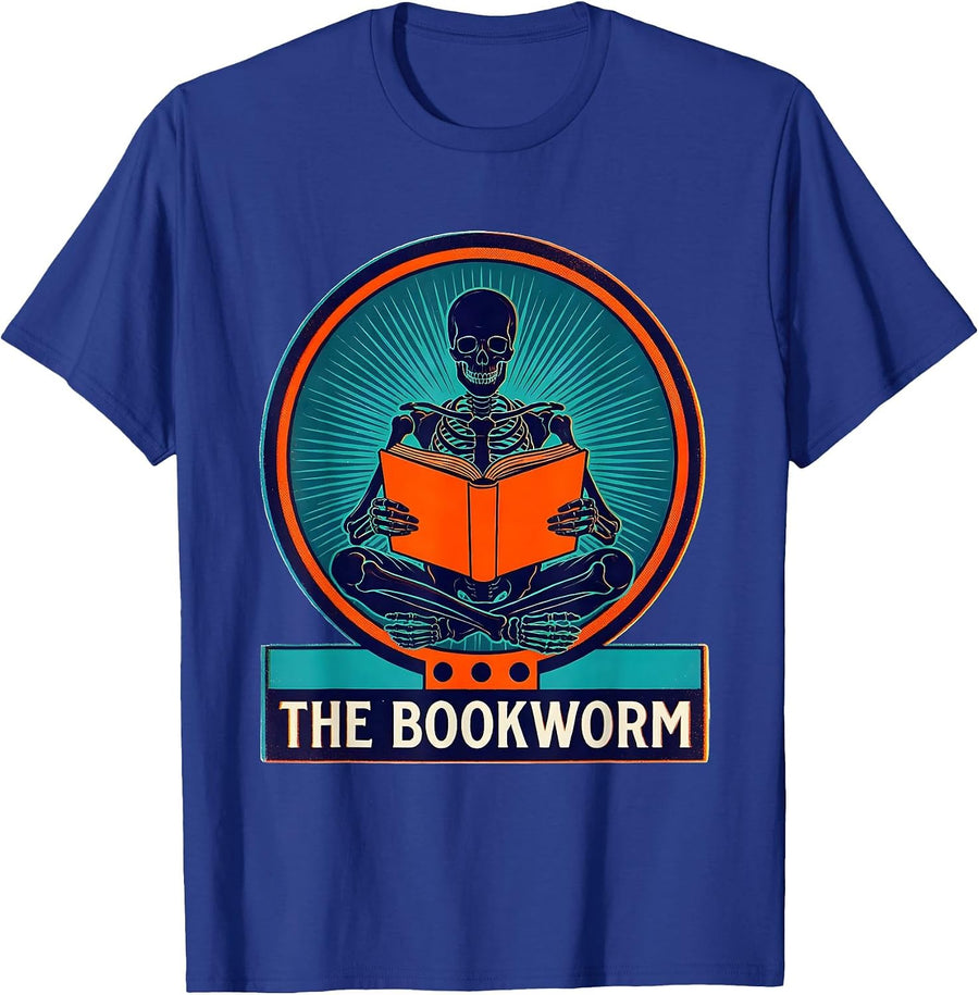 The Bookworm Risograph Tarot Skeleton Book Lover Dark T-Shirt - Royal Blue