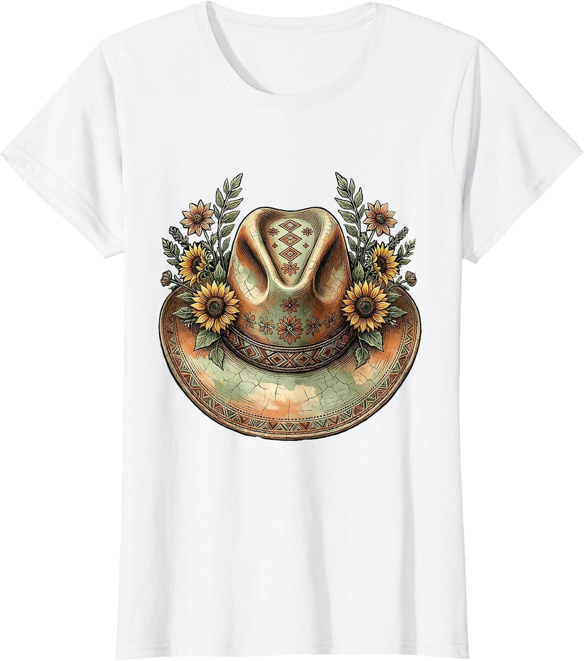 Cowboy Hat Wildflowers Western Boho Illustration T-Shirt - White
