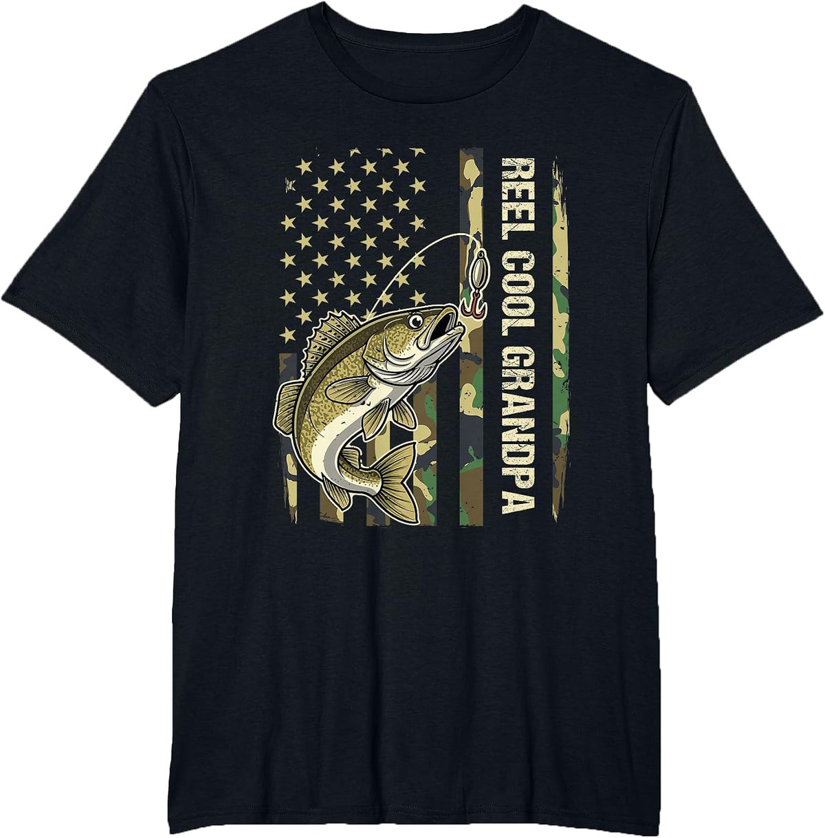 Reel Cool Grandpa Walleye Fishing Camo American Flag T-Shirt - Black
