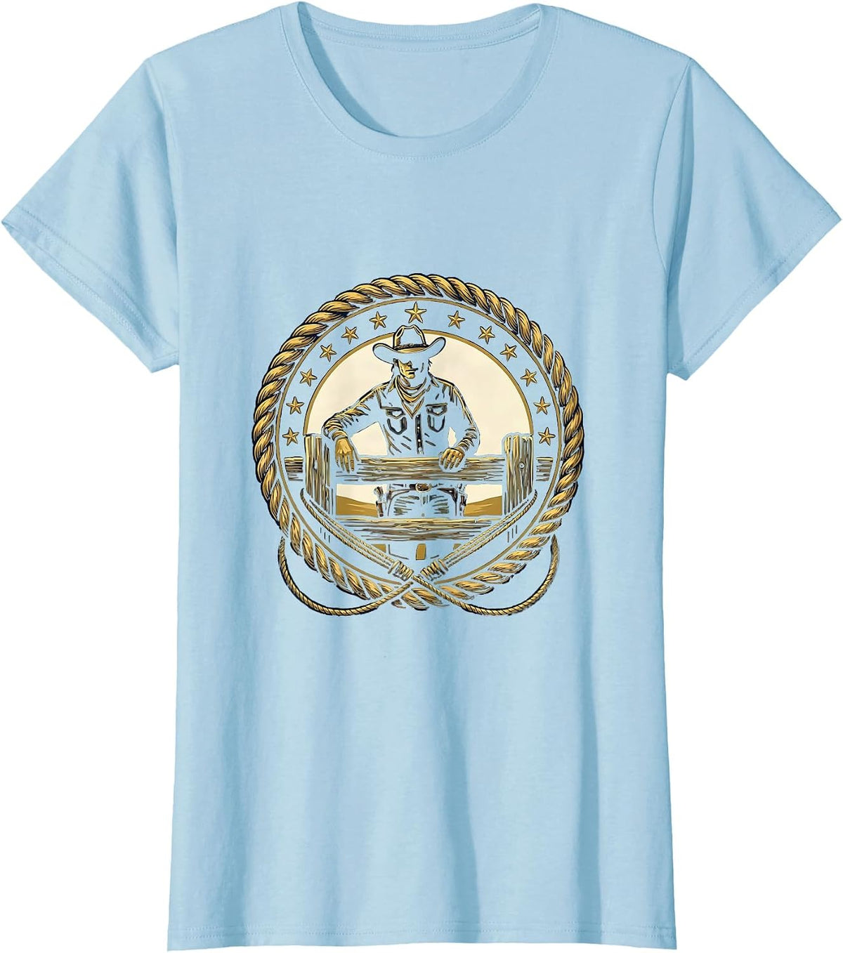 Cowgirl Leaning on Rodeo Fence Graphic Design T-Shirt - Baby Blue