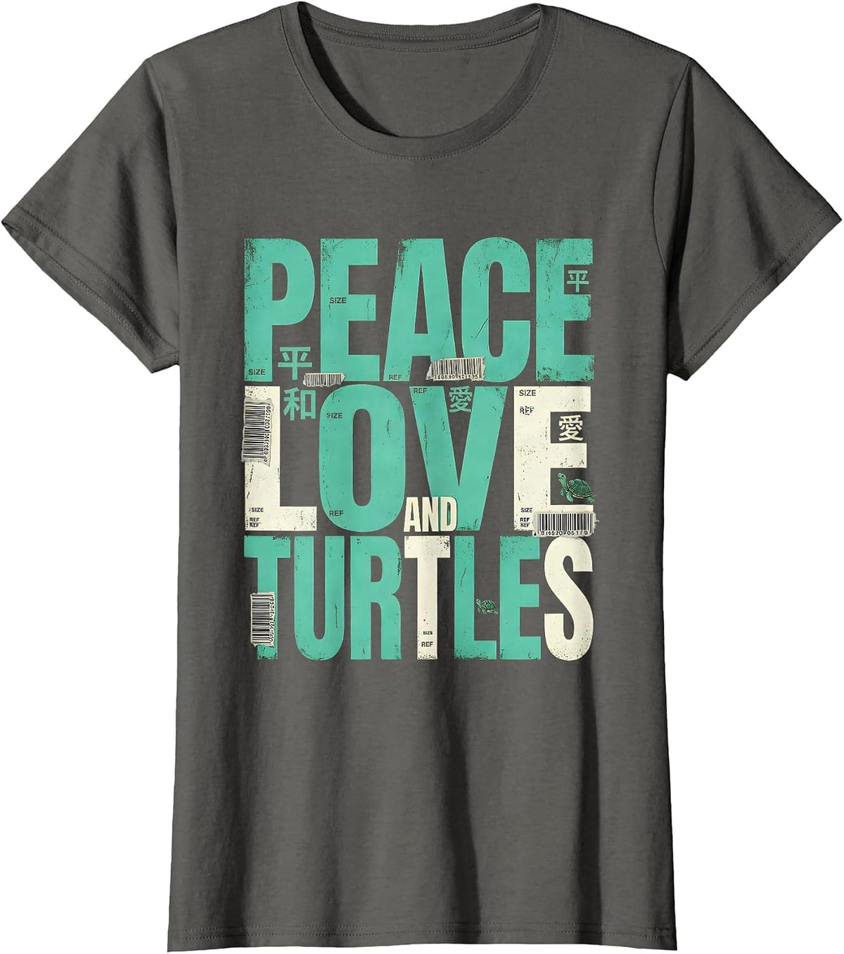 Women's Peace Love and Turtles Nature Lover Design T-Shirt - Asphalt Grey