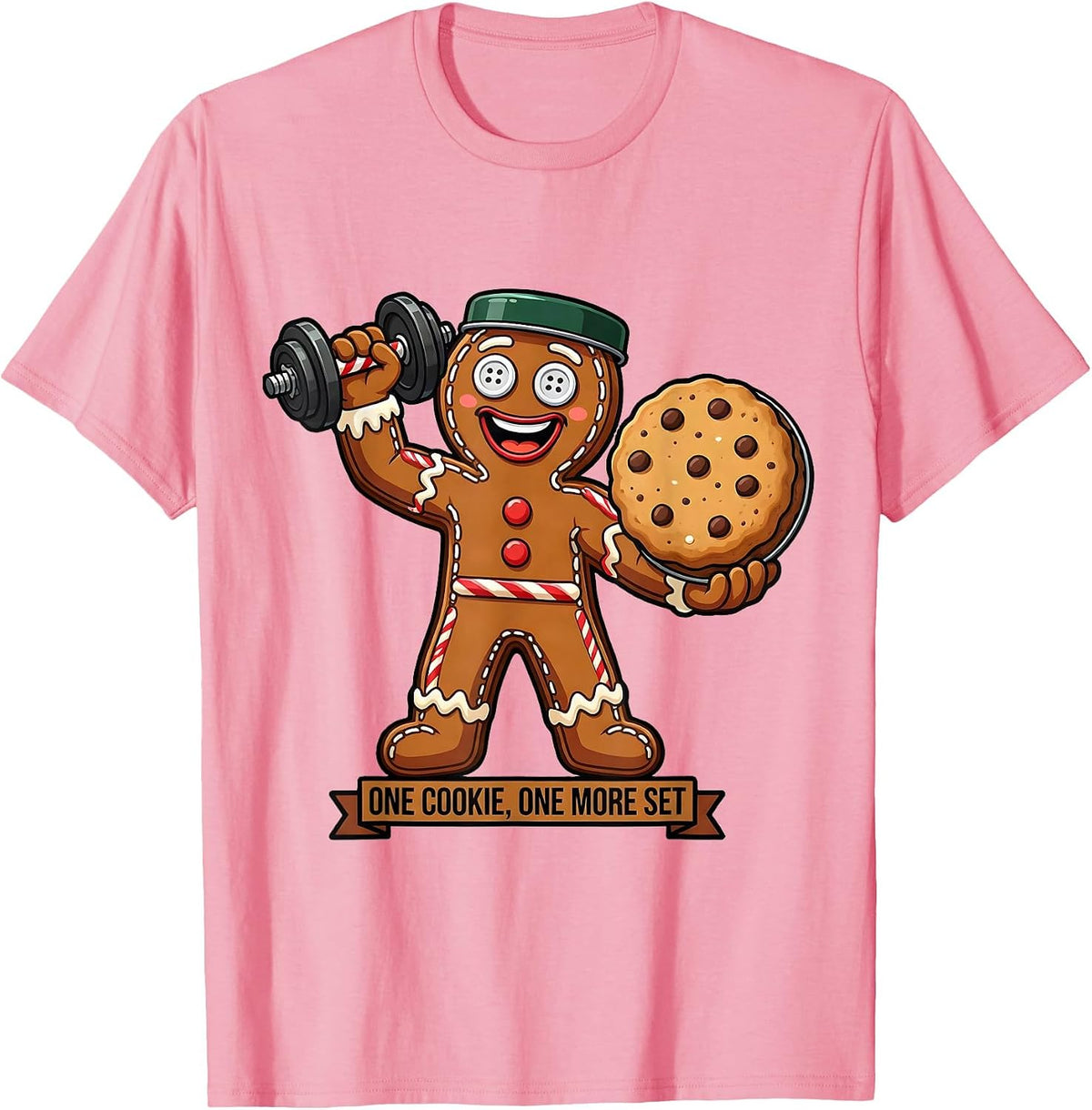 Men's One Cookie One More Set Funny Gingerbread Gym Weightlifting T-Shirt - Pink