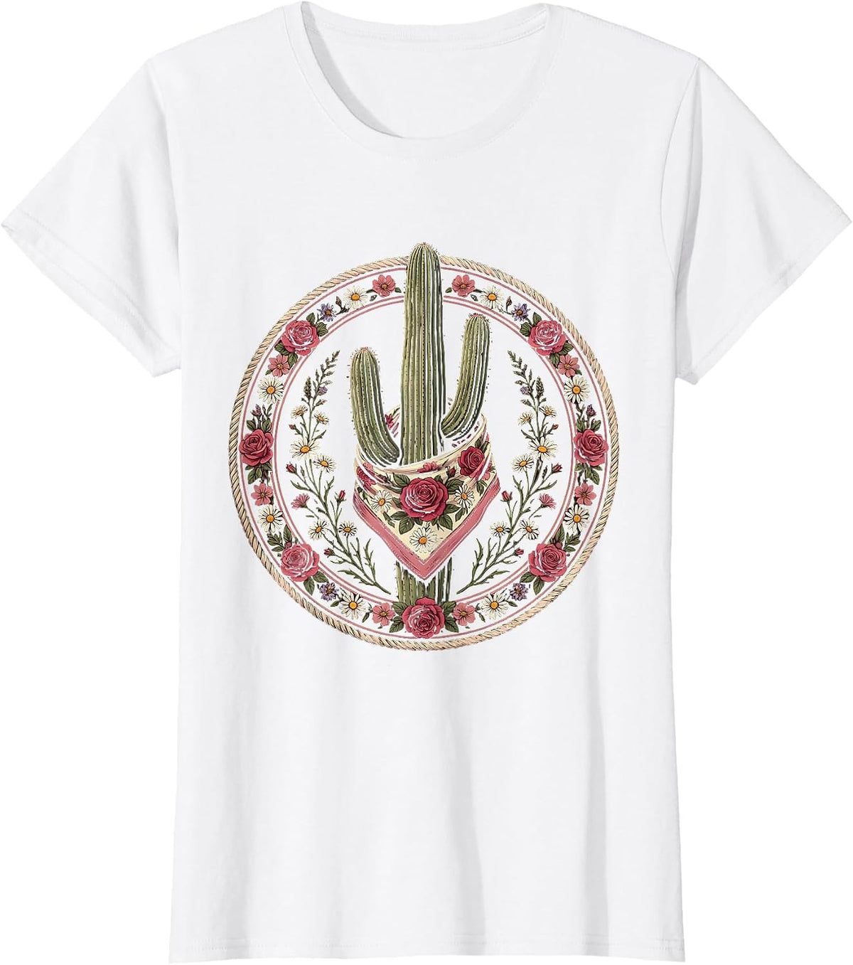 Women's Floral Bandana Cactus Western Desert Design T-Shirt - White