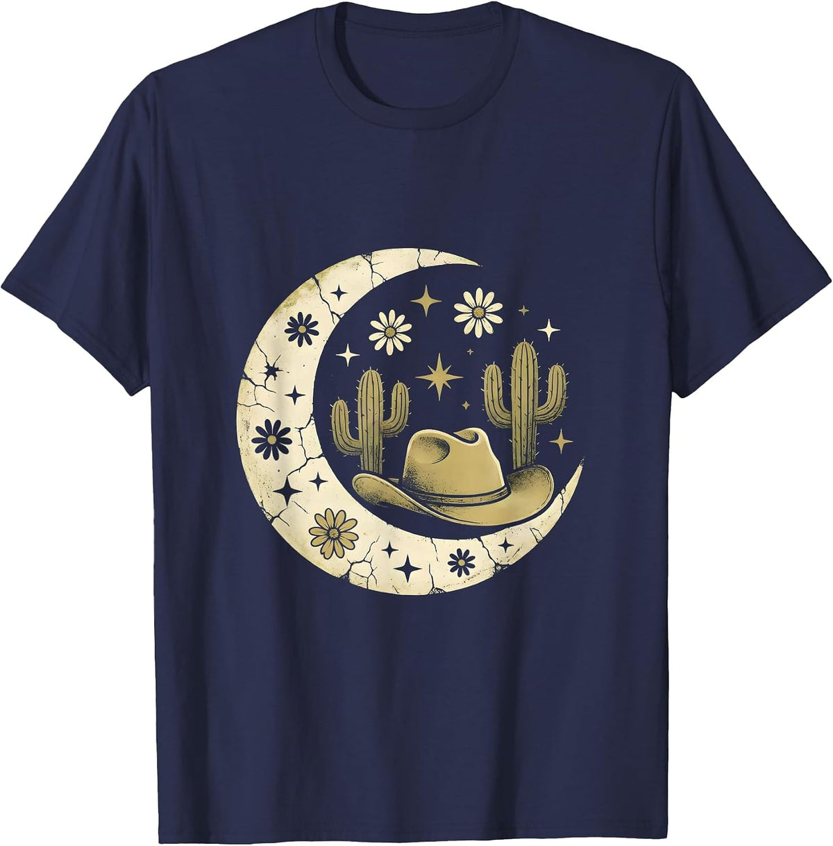 Western Cowgirl Hat Feather Cacti Graphic Design T-Shirt - Navy Blue