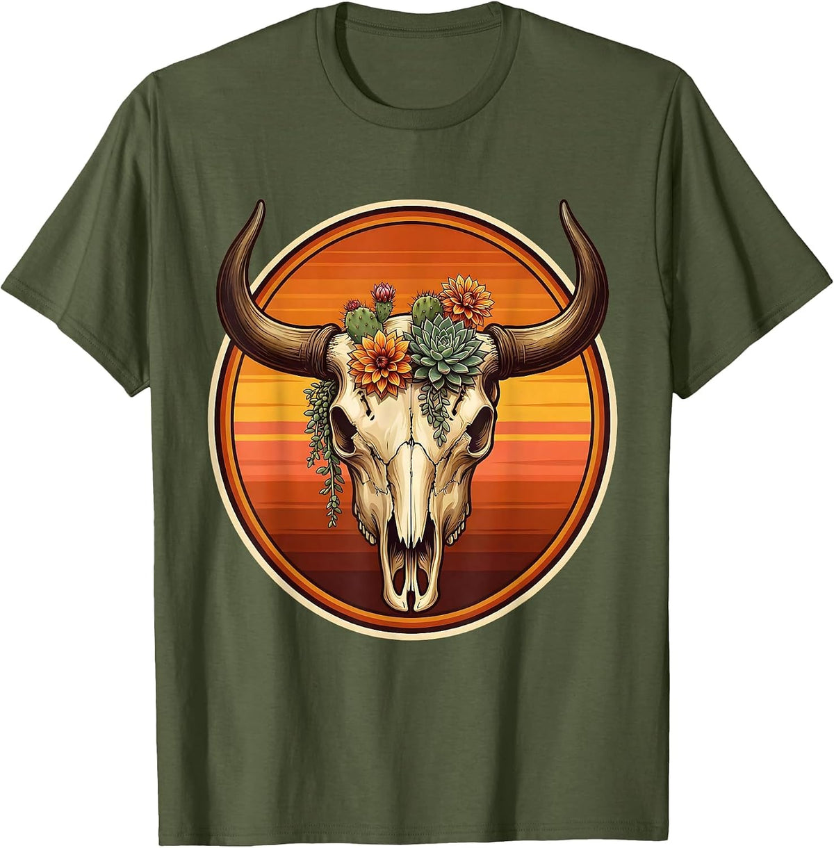 Bull Skull Desert Flowers Western Boho Art T-Shirt - Olive Green