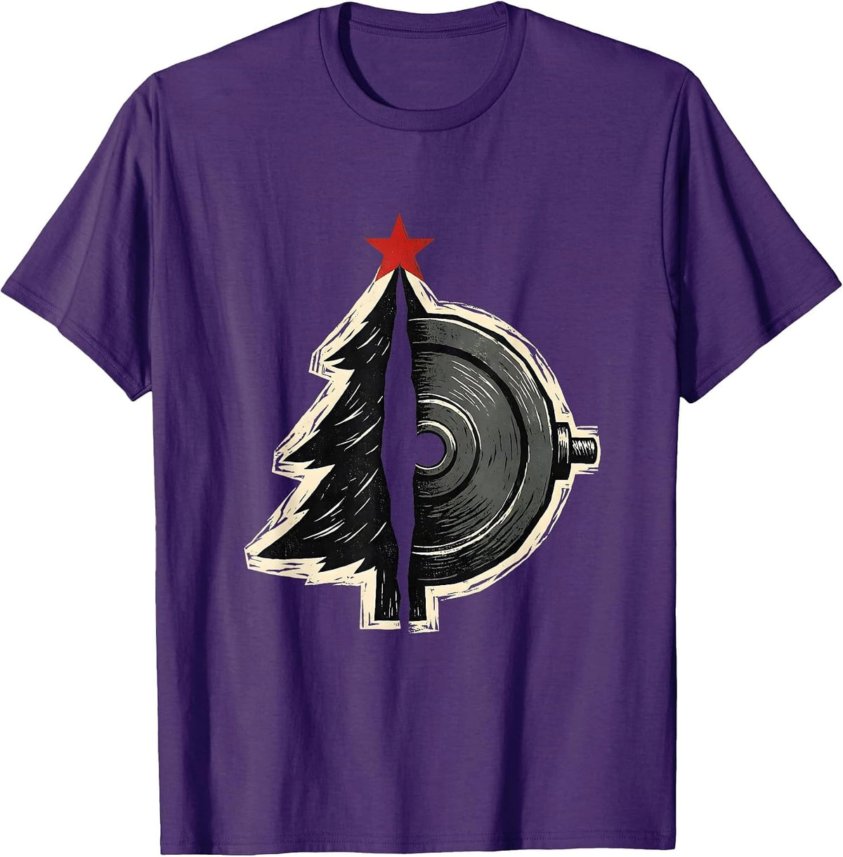 Christmas Tree Weight Plate Linocut Gym Humor T-Shirt - Purple