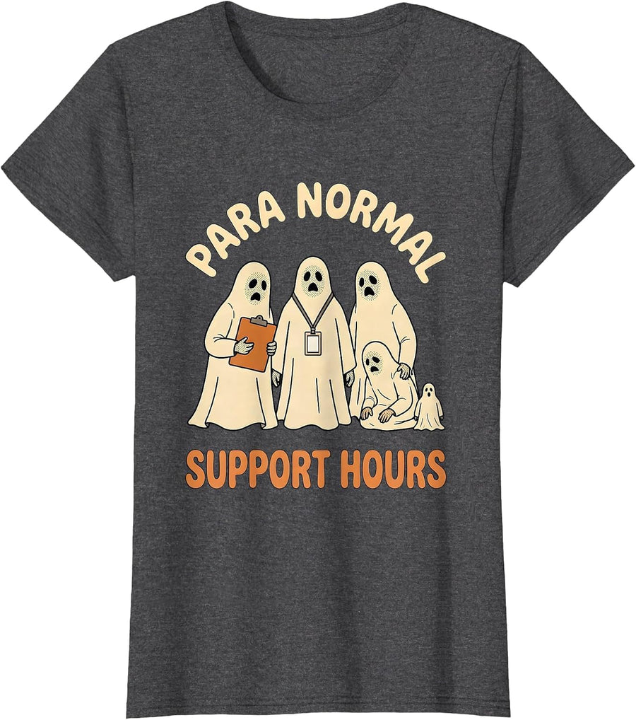 Women's Para Normal Support Hours Funny Paraeducator Halloween Ghost T-Shirt - Dark Heather Grey