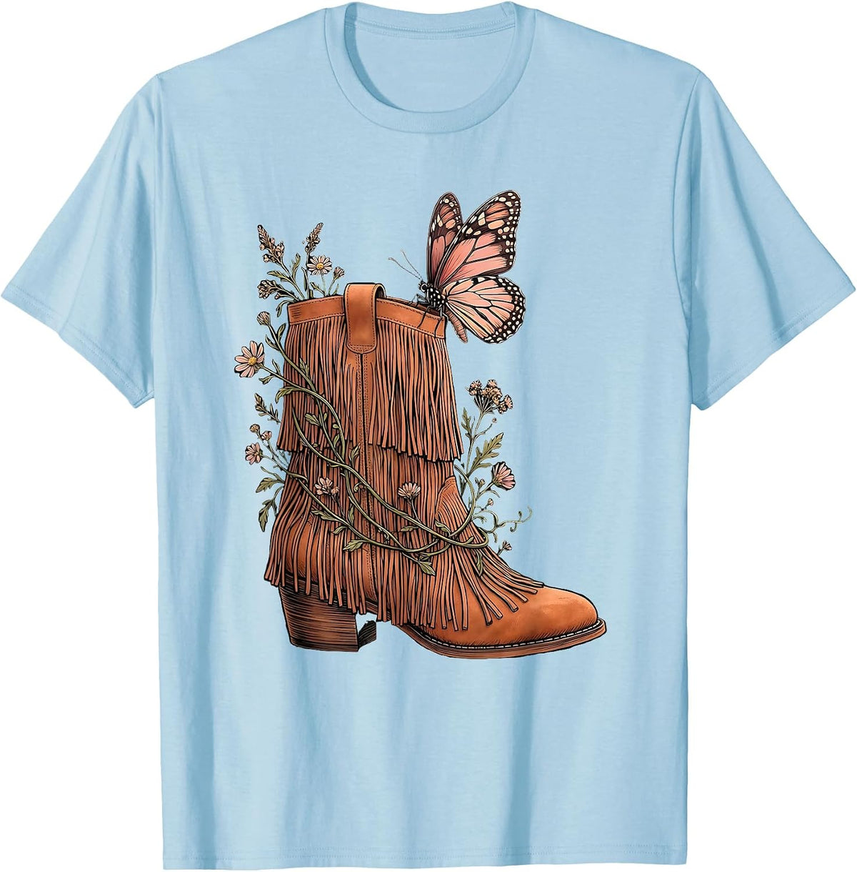 Men's Boho Butterfly Fringe Boot Graphic Tee T-Shirt - Baby Blue