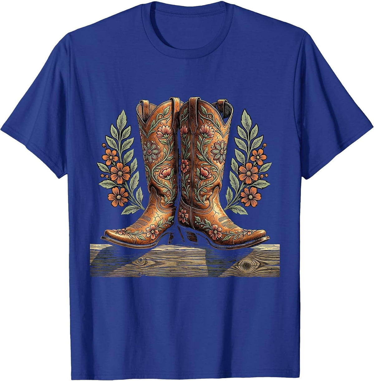 Cowgirl Boots on Fence Rail Rodeo Graphic T-Shirt - Royal Blue