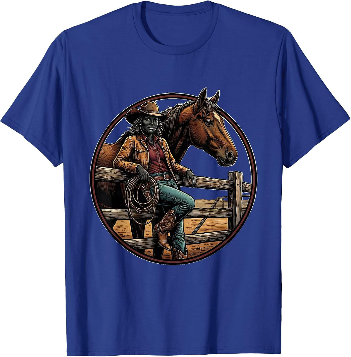 Men's Black Cowgirl Rodeo Badge Western Pride Illustration T-Shirt - Royal Blue