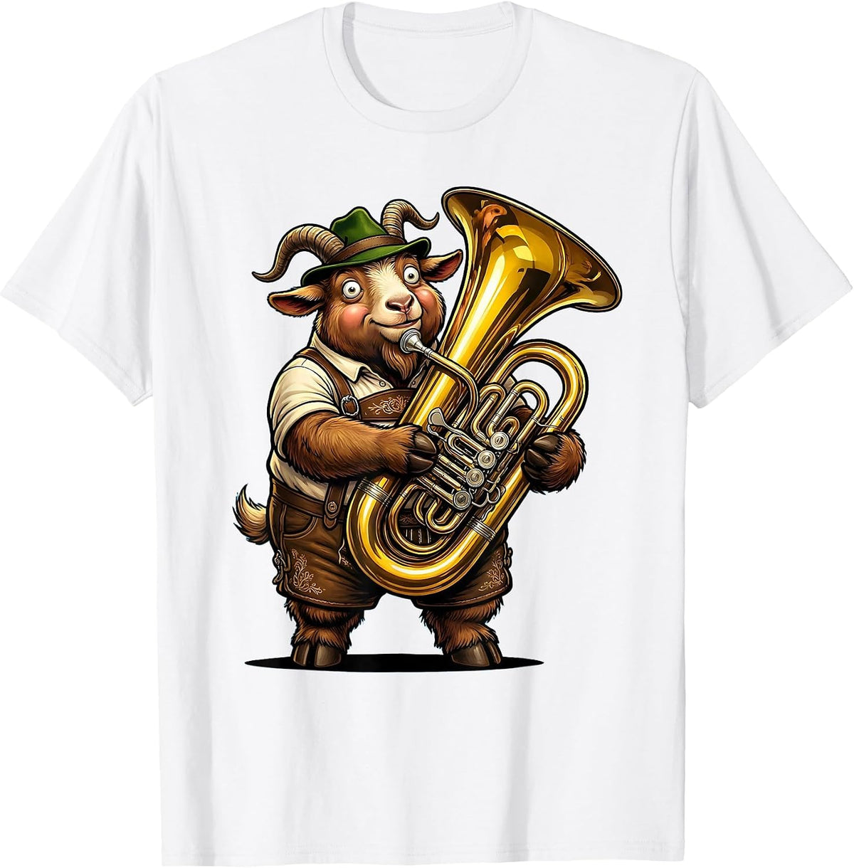 Men's Funny Oktoberfest Goat in Lederhosen Playing Tuba T-Shirt - White