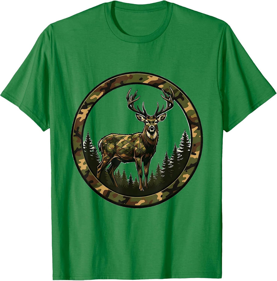 Men's Buck Deer Misty Camo Forest Hunting Graphic T-Shirt - Kelly Green