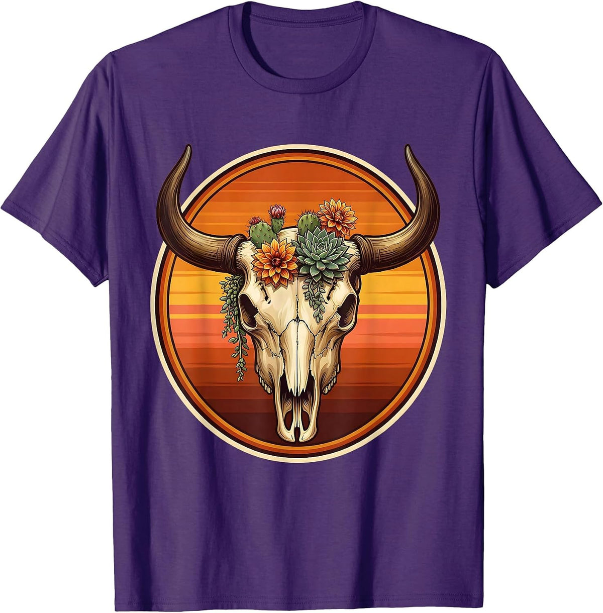 Bull Skull Desert Flowers Western Boho Art T-Shirt - Purple