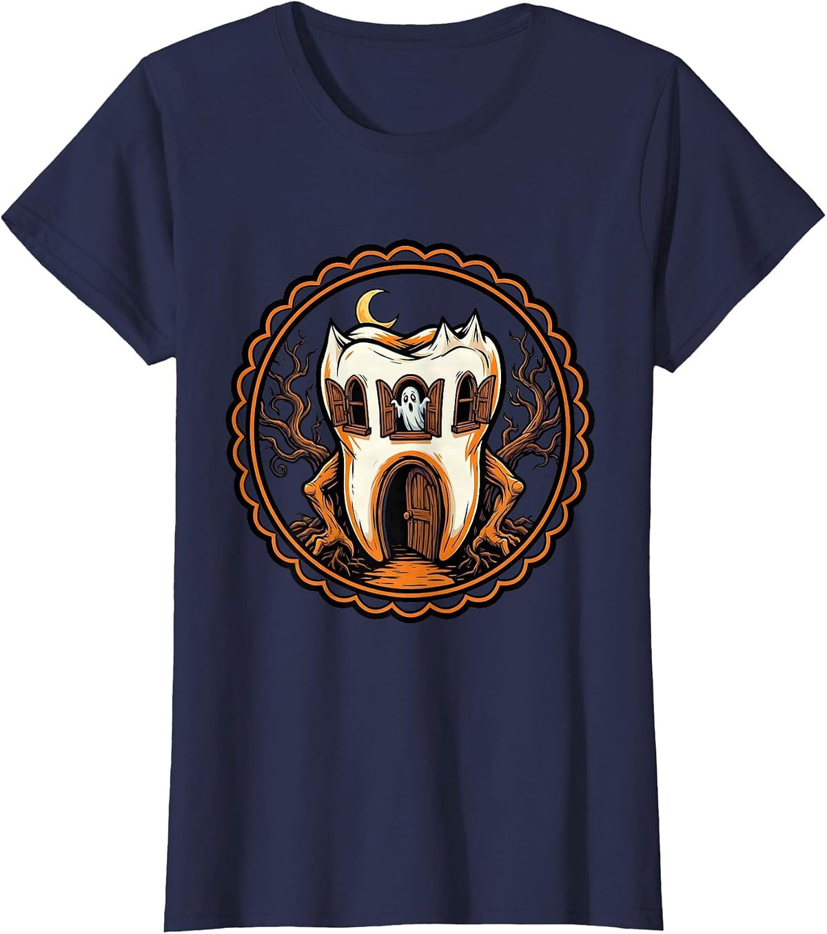 Women's Haunted Molar House Dental Halloween Design T-Shirt - Navy Blue