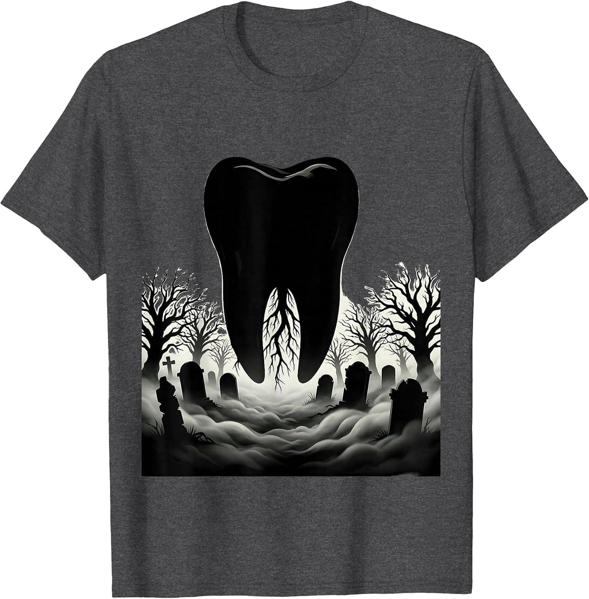 Men's Molar Graveyard Spooky Dental Halloween Design T-Shirt - Dark Heather Grey