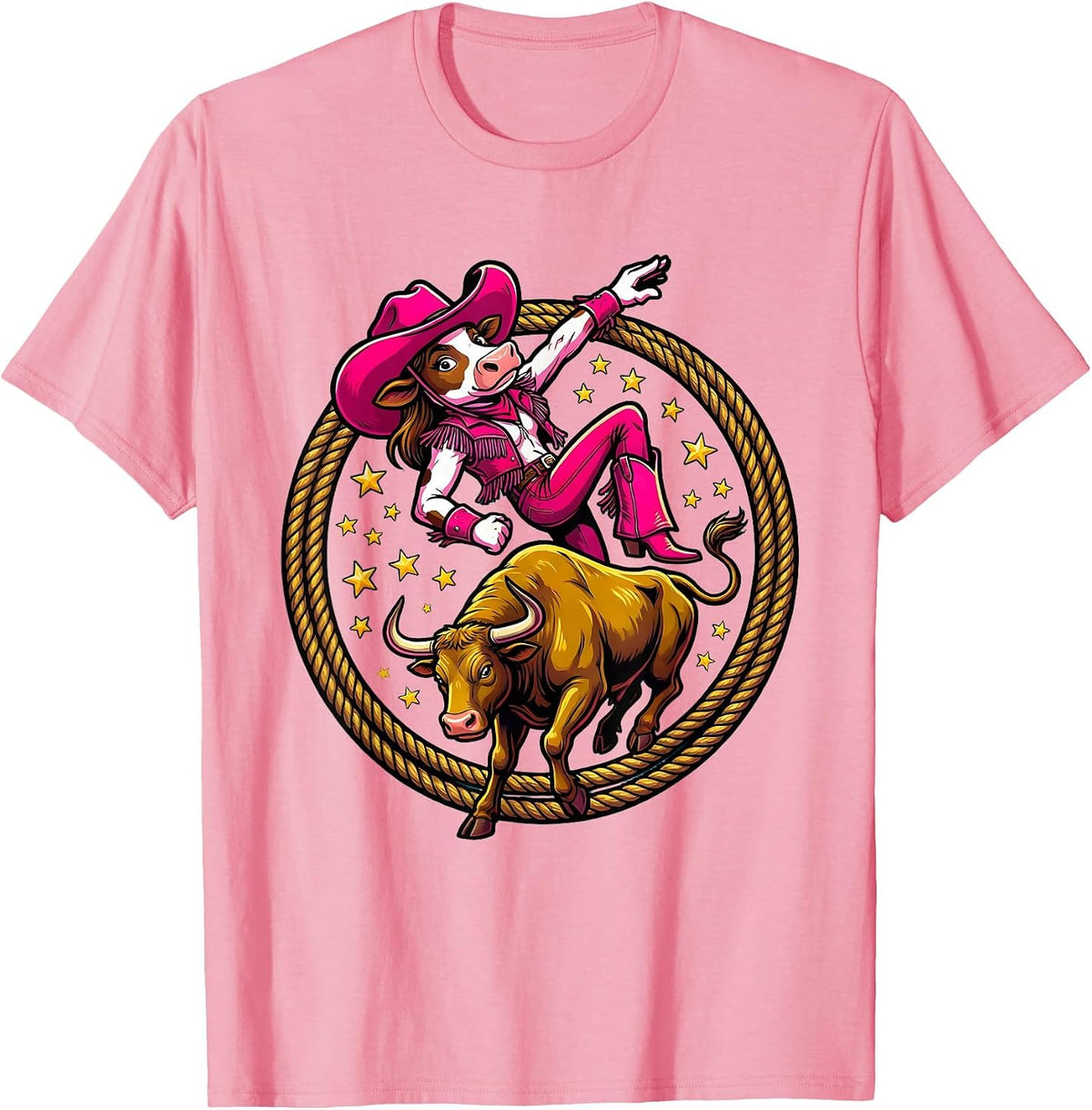 Pink Cowgirl Bull Riding Rodeo Graphic T-Shirt - Pink