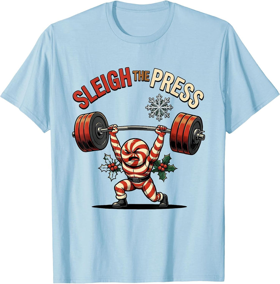 Men's Sleigh The Press Funny Christmas Gym Workout Weightlifting T-Shirt - Baby Blue