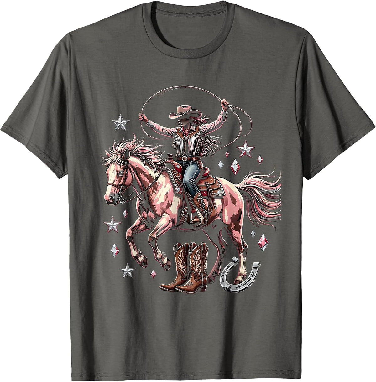 Pink Cowgirl Riding Bucking Bronco Rodeo Art T-Shirt - Asphalt Grey