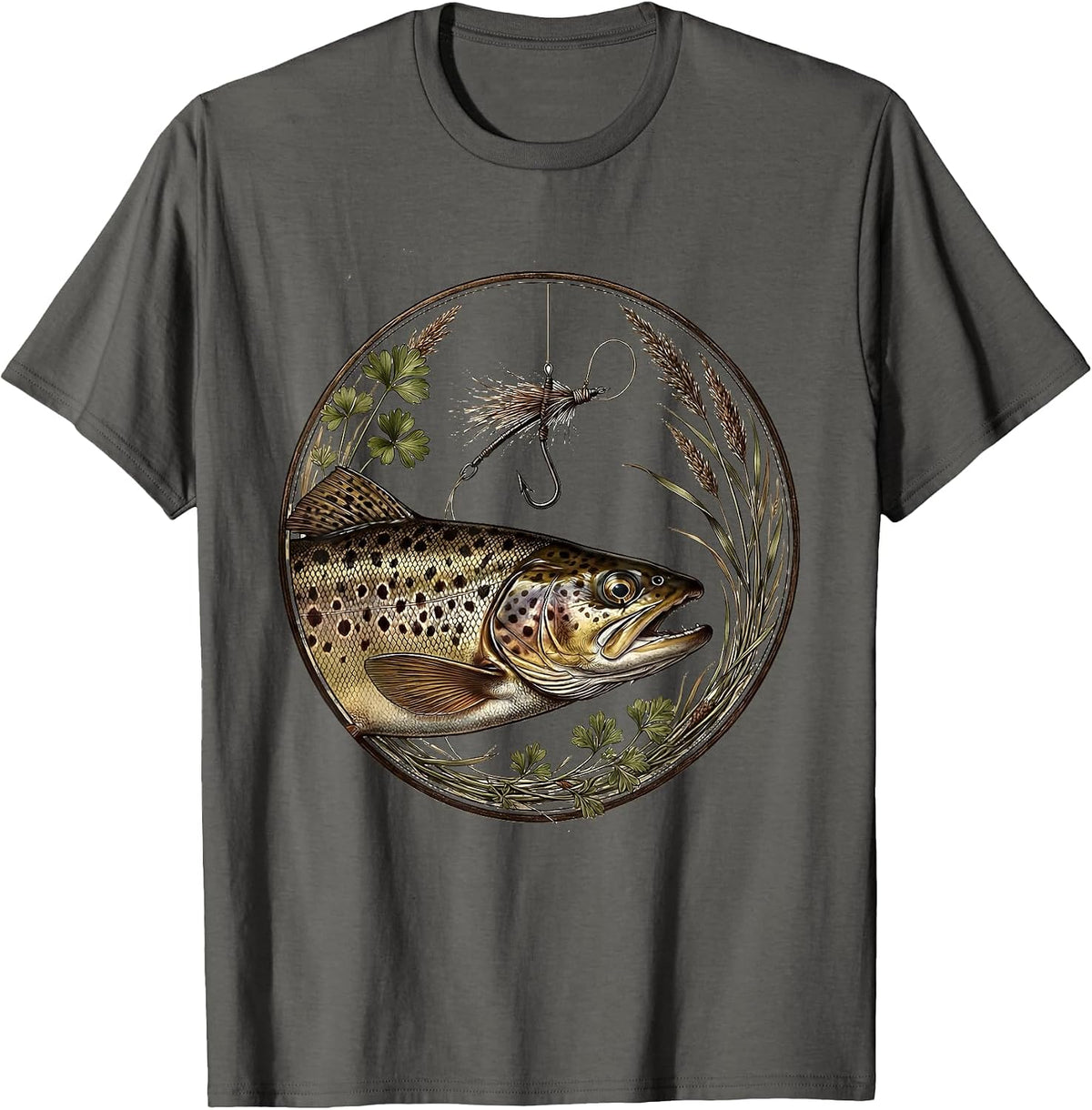 Fish Around and Find Trout Fishing Hook Illustration T-Shirt - Asphalt Grey