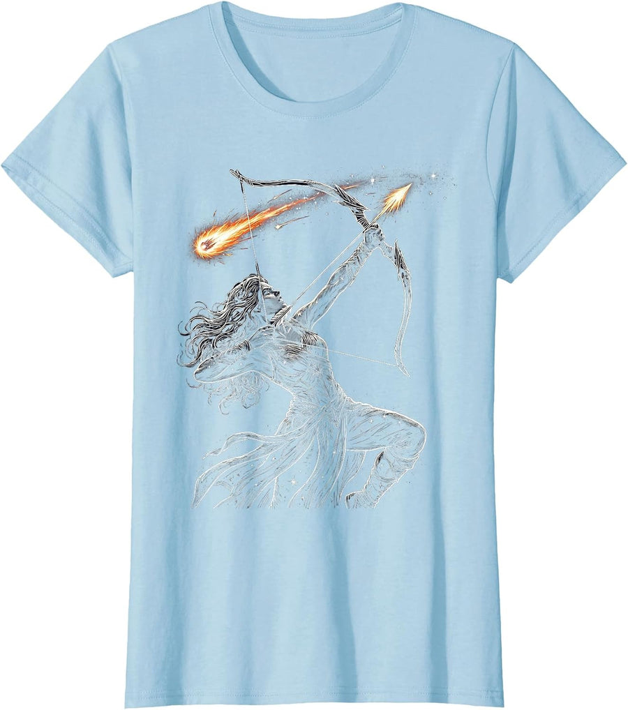 Women's Archer Drawing Bow at Shooting Star Graphic T-Shirt - Baby Blue
