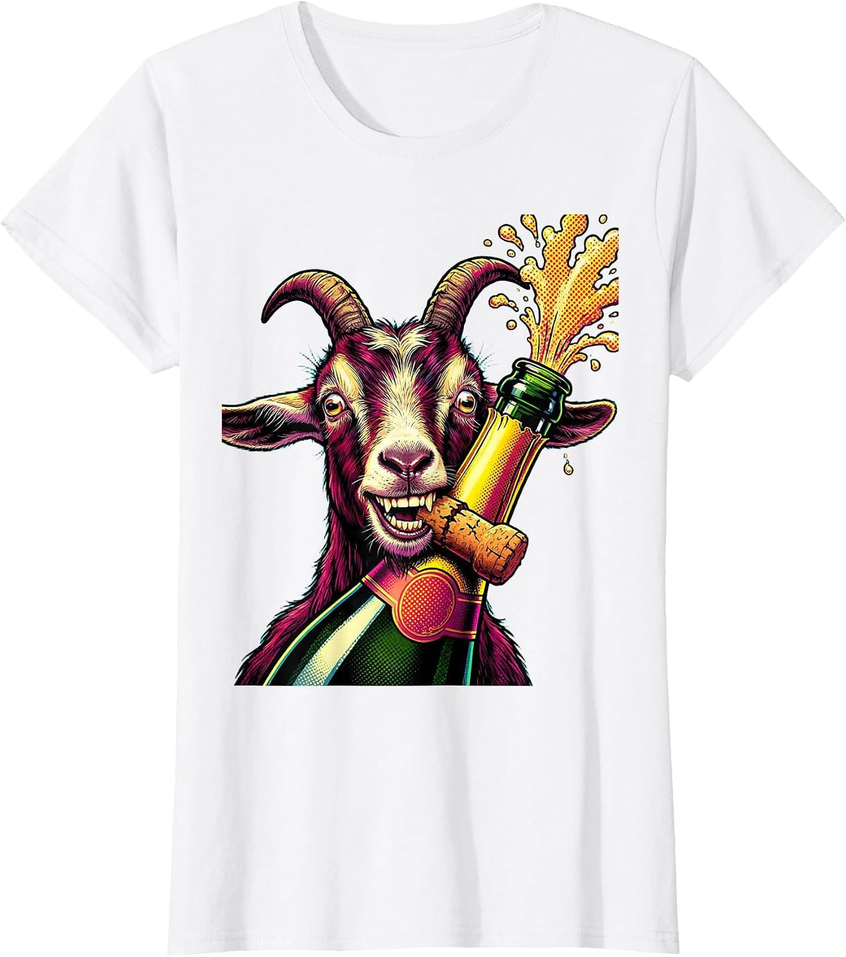 Funny Goat Champagne Cork Drinking Illustration T-Shirt - White