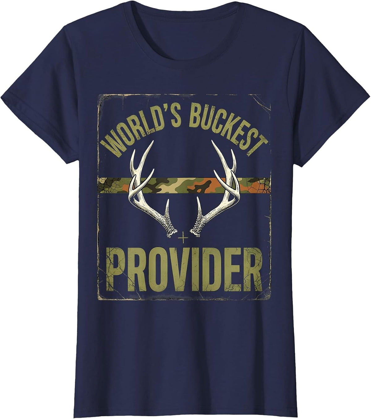 Women's World's Buckest Provider Distressed Deer Hunting Camo Dad T-Shirt - Navy Blue